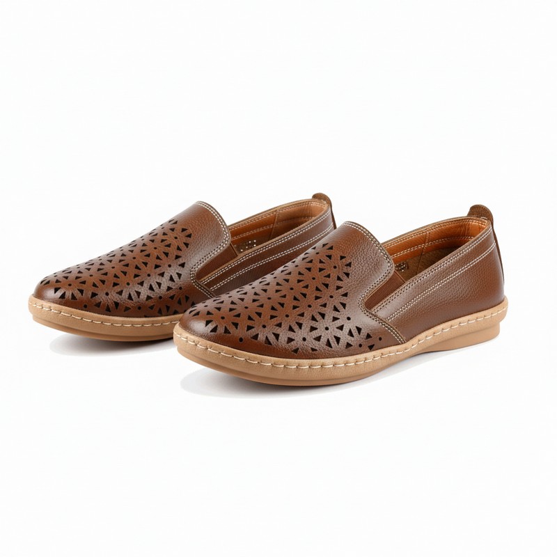 Women’s genuine leather shoes in brown with a leather insole and a soft medical sole with added stitching for extra durability